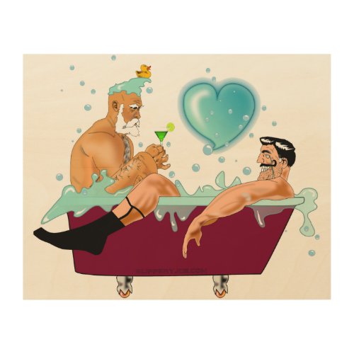 SlipperyJoes two gay men cartoon bathtub bubbles  Wood Wall Art