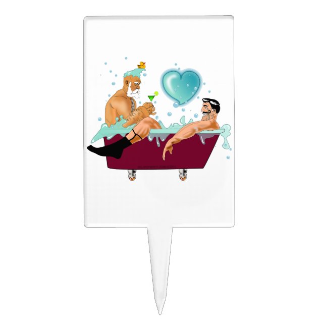 SlipperyJoe's two gay men love cartoon bathtub soa Cake Topper (Front)