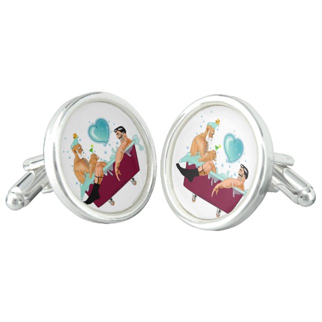SlipperyJoe's two gay men love cartoon bathtub soa Cufflinks (Angled)