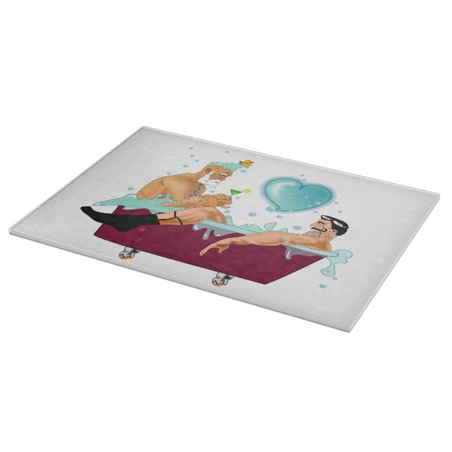 SlipperyJoe's two gay men love cartoon bathtub soa Cutting Board (Corner)