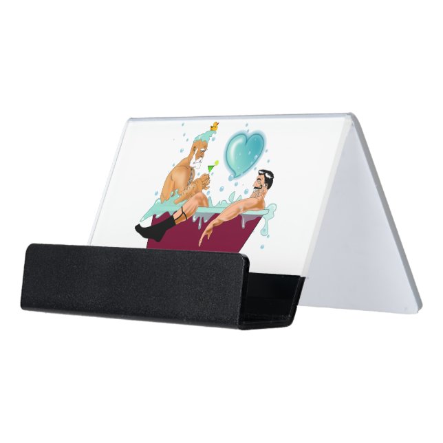 SlipperyJoe's two gay men love cartoon bathtub soa Desk Business Card Holder (Angled Front)