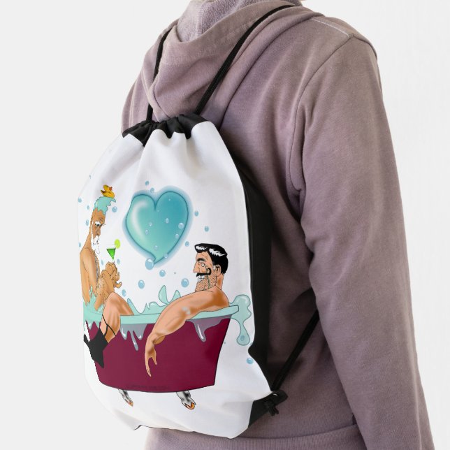 SlipperyJoe's two gay men love cartoon bathtub soa Drawstring Bag (Insitu)
