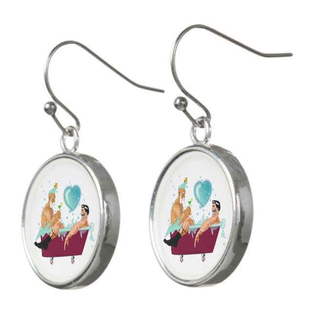 SlipperyJoe's two gay men love cartoon bathtub soa Earrings (Angled)