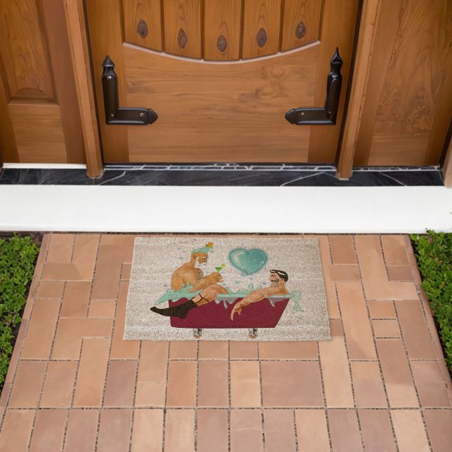 SlipperyJoe's two gay men love cartoon bathtub soa Fiber Doormat (Insitu (Outdoor))