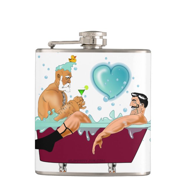 SlipperyJoe's two gay men love cartoon bathtub soa Flask (Front)