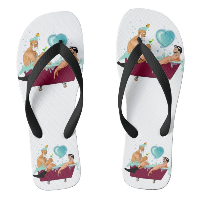 SlipperyJoe's two gay men love cartoon bathtub soa Flip Flops (Footbed)