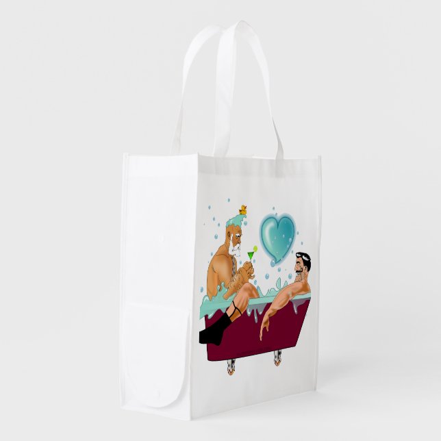 SlipperyJoe's two gay men love cartoon bathtub soa Grocery Bag (Front Side)
