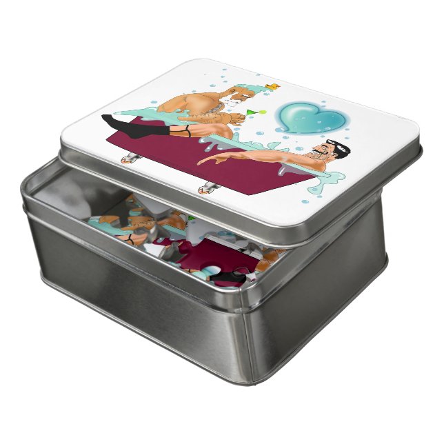 SlipperyJoe's two gay men love cartoon bathtub soa Jigsaw Puzzle (Lid Open)
