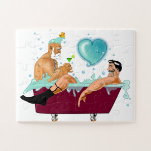 SlipperyJoe's two gay men love cartoon bathtub soa Jigsaw Puzzle
