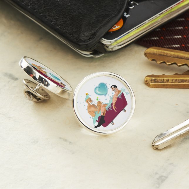 SlipperyJoe's two gay men love cartoon bathtub soa Lapel Pin (In Situ)