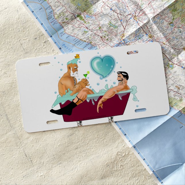 SlipperyJoe's two gay men love cartoon bathtub soa License Plate (In Situ)