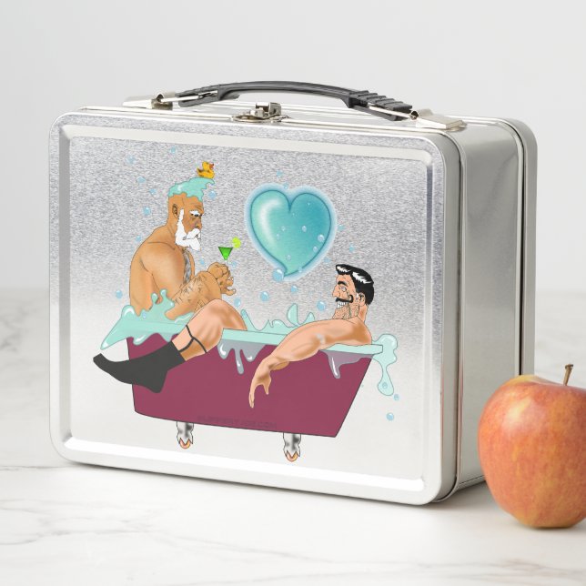 SlipperyJoe's two gay men love cartoon bathtub soa Metal Lunch Box (In Situ)