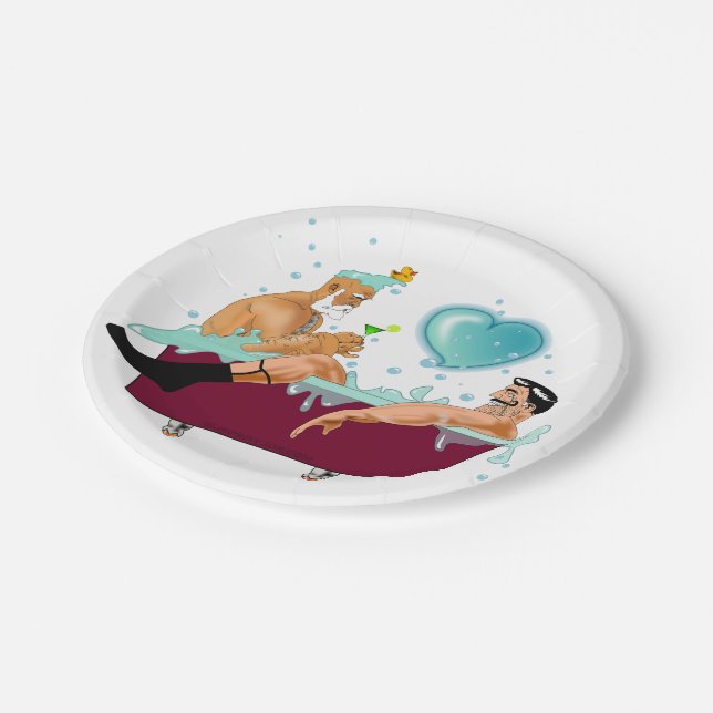 SlipperyJoe's two gay men love cartoon bathtub soa Paper Plates (Angled)