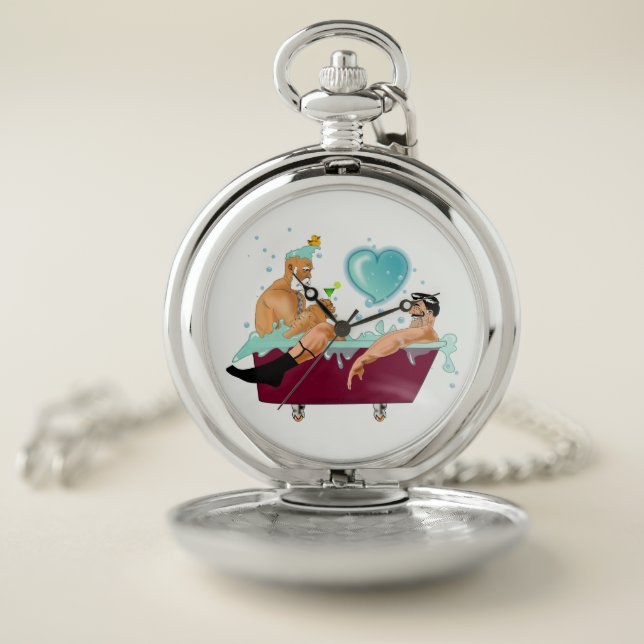 SlipperyJoe's two gay men love cartoon bathtub soa Pocket Watch (Inside)