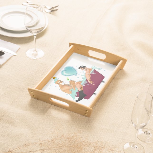 SlipperyJoe's two gay men love cartoon bathtub soa Serving Tray (Front)