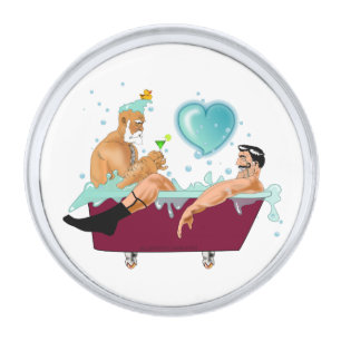SlipperyJoe's two gay men love cartoon bathtub soa Silver Finish Lapel Pin
