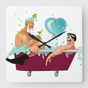 SlipperyJoe's two gay men love cartoon bathtub soa Square Wall Clock