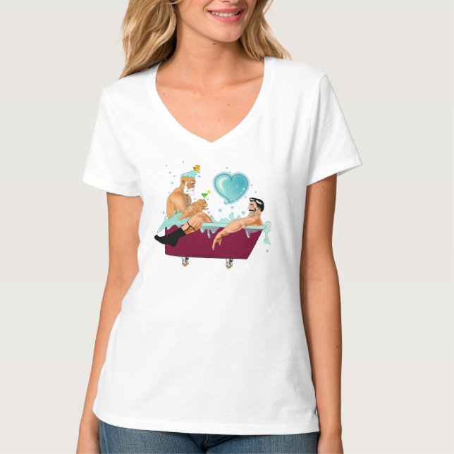 SlipperyJoe's two gay men love cartoon bathtub soa T-Shirt (Front)