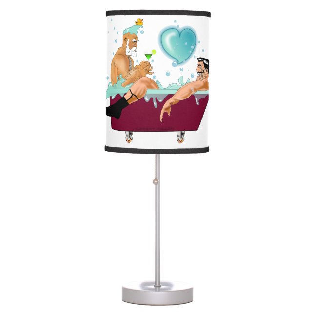SlipperyJoe's two gay men love cartoon bathtub soa Table Lamp (Front)