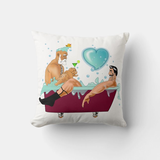 SlipperyJoe's two gay men love cartoon bathtub soa Throw Pillow (Front)