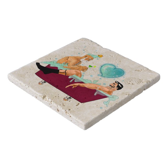 SlipperyJoe's two gay men love cartoon bathtub soa Trivet (Corner)