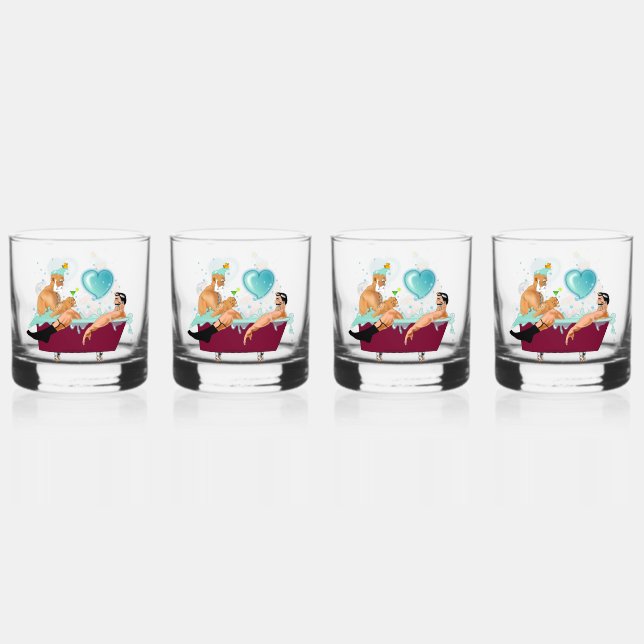 SlipperyJoe's two gay men love cartoon bathtub soa Whiskey Glass (Front)