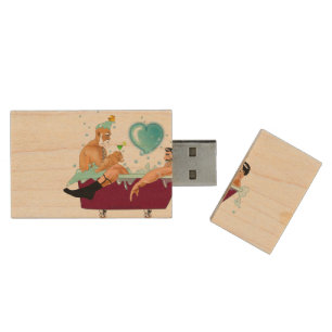 SlipperyJoe's two gay men love cartoon bathtub soa Wood Flash Drive