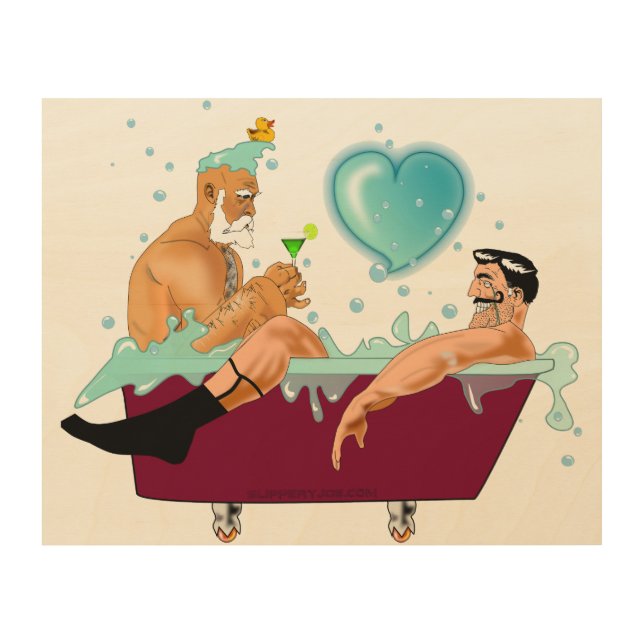 SlipperyJoe's two gay men love cartoon bathtub soa Wood Wall Art (Front)
