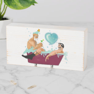 SlipperyJoe's two gay men love cartoon bathtub soa Wooden Box Sign