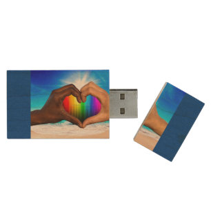 SlipperyJoe's two Hearted hands interracial male h Wood Flash Drive