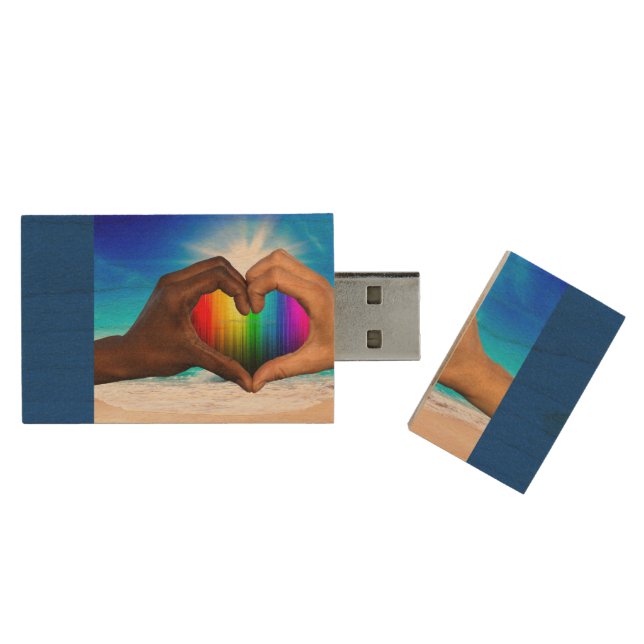 SlipperyJoe's two Hearted hands interracial male h Wood Flash Drive (Opened)