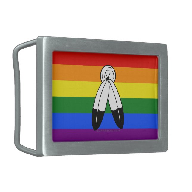 SlipperyJoe's two-spirit pride flag Indigenous sym Belt Buckle (Front Left)
