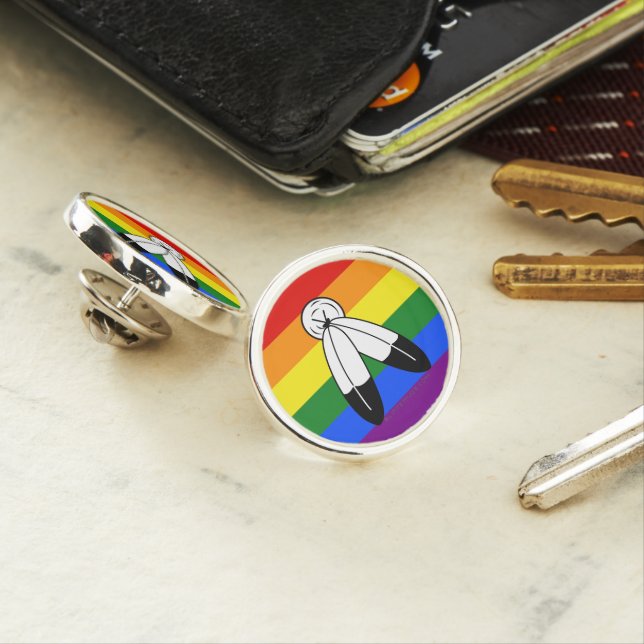 SlipperyJoe's two-spirit pride flag Indigenous sym Lapel Pin (In Situ)