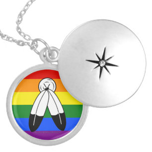 SlipperyJoe's two-spirit pride flag Indigenous sym Locket Necklace