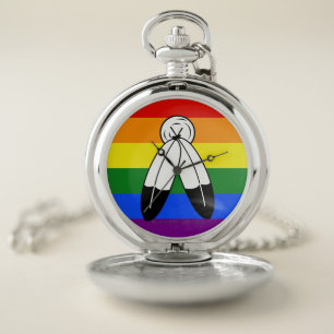 SlipperyJoe's two-spirit pride flag Indigenous sym Pocket Watch
