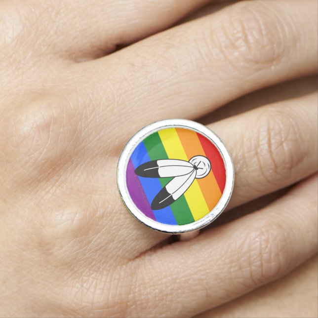 SlipperyJoe's two-spirit pride flag Indigenous sym Ring (In Situ)