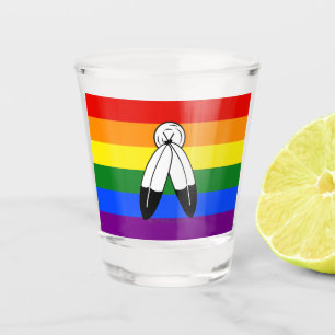 SlipperyJoe's two-spirit pride flag Indigenous sym Shot Glass