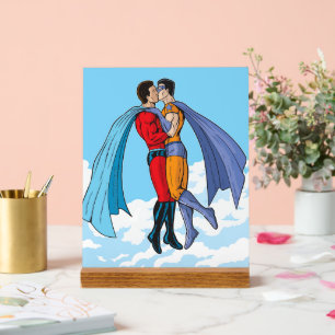 Slipperyjoe's two superheroes kissing characters f acrylic sign