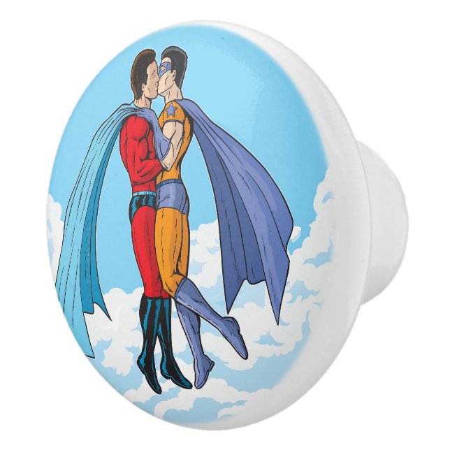 Slipperyjoe's two superheroes kissing characters f ceramic knob (Right)