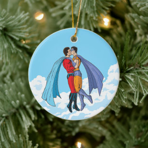 Slipperyjoe's two superheroes kissing characters f ceramic ornament