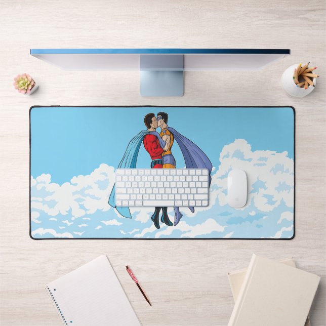 Slipperyjoe's two superheroes kissing characters f desk mat (Office 1)