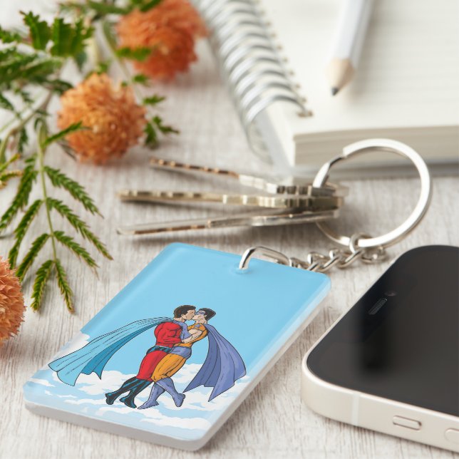 Slipperyjoe's two superheroes kissing characters f keychain (Front Right)