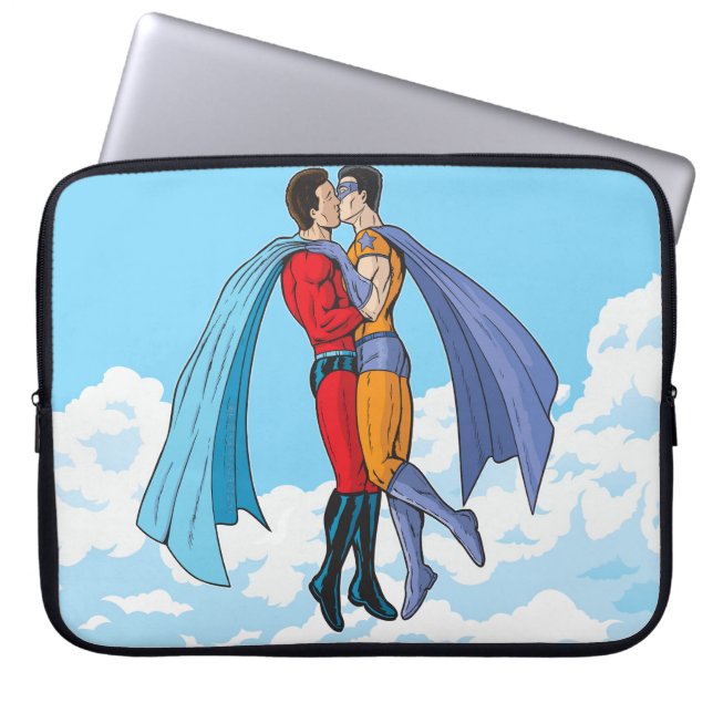 Slipperyjoe's two superheroes kissing characters f laptop sleeve (Front)
