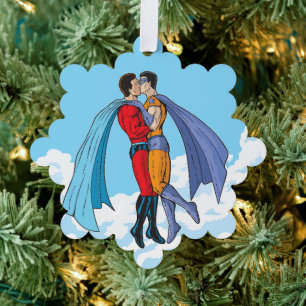 Slipperyjoe's two superheroes kissing characters f ornament card