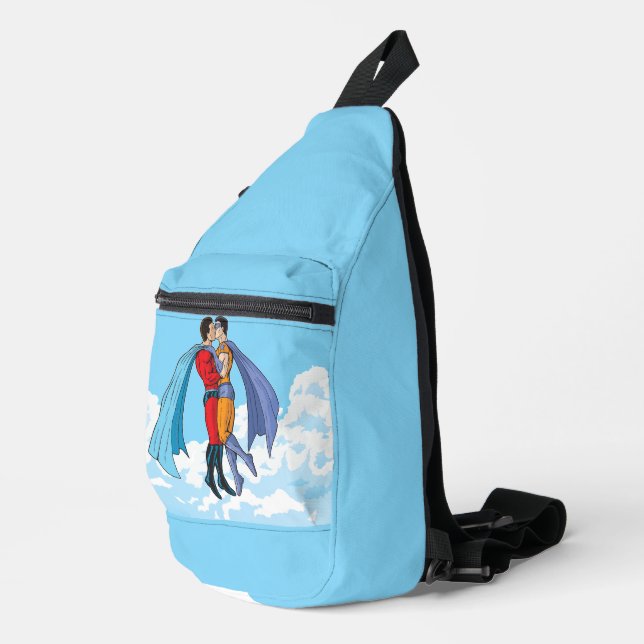 Slipperyjoe's two superheroes kissing characters f sling bag (Right Corner)