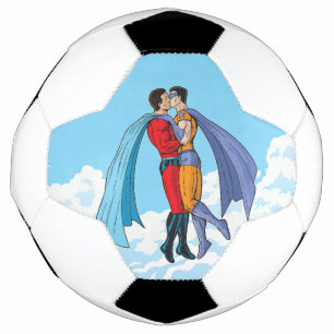 Slipperyjoe's two superheroes kissing characters f soccer ball