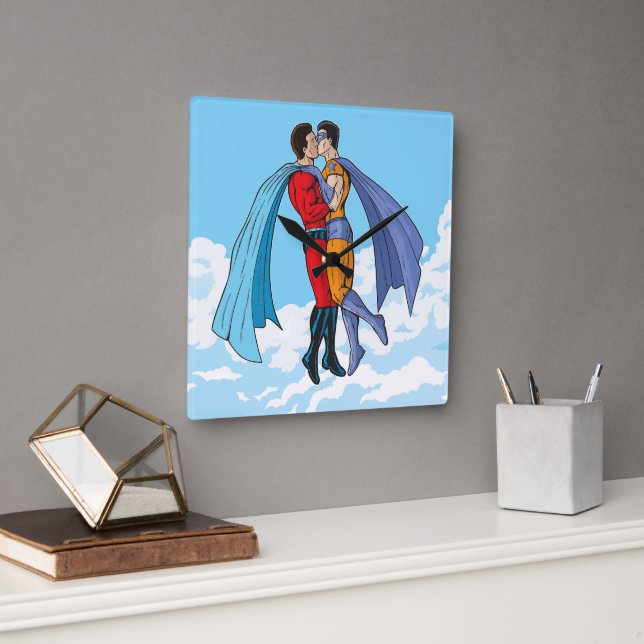 Slipperyjoe's two superheroes kissing characters f square wall clock (Office)