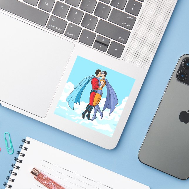 Slipperyjoe's two superheroes kissing characters f sticker (Laptop w/ iPhone)