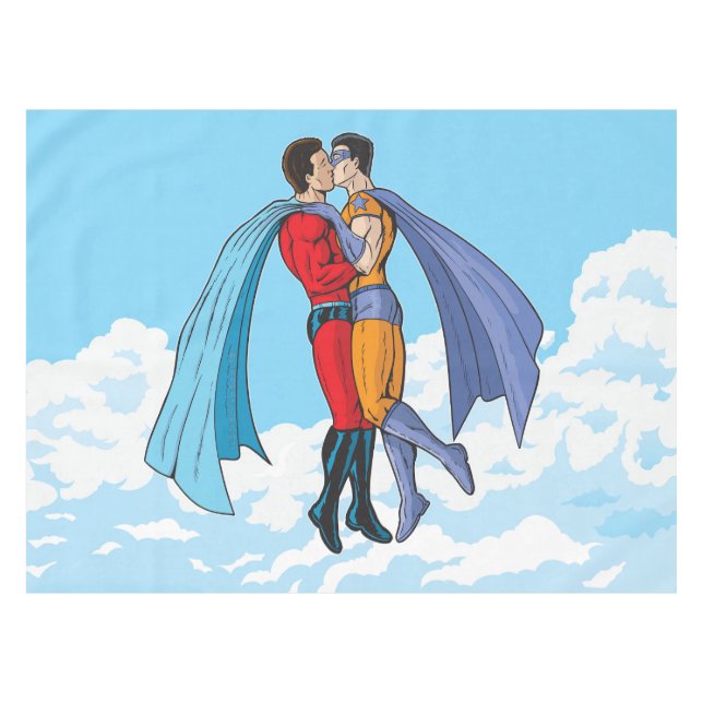 Slipperyjoe's two superheroes kissing characters f tablecloth (Front (Horizontal))