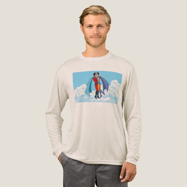 Slipperyjoe's two superheroes kissing characters f Tri-Blend shirt (Full Front)